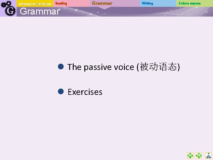 Listening and speaking Reading Grammar Writing Culture express l The passive voice (被动语态) l