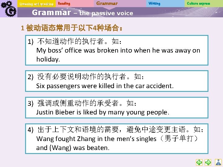 Listening and speaking Reading Grammar Writing Culture express – the passive voice 1 被动语态常用于以下4种场合：