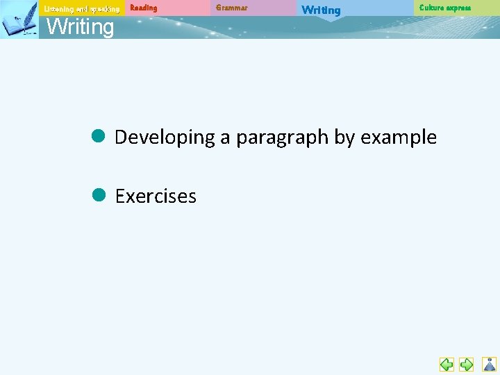 Listening and speaking Reading Writing Grammar Writing Culture express l Developing a paragraph by