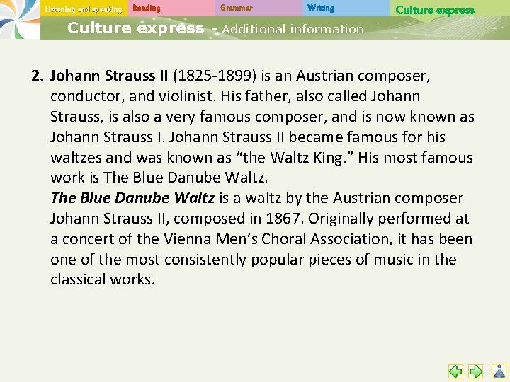 Listening and speaking Reading Grammar Writing Culture express - Additional information 2. Johann Strauss