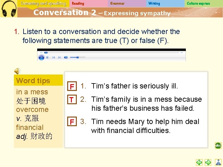 Listening and speaking Reading Grammar Writing Culture express Conversation 2 – Expressing sympathy 1.