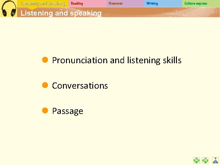 Listening and speaking Reading Grammar Writing Listening and speaking l Pronunciation and listening skills