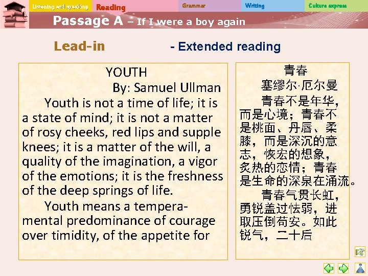 Listening and speaking Reading Passage A Lead-in Grammar Writing Culture express – If I
