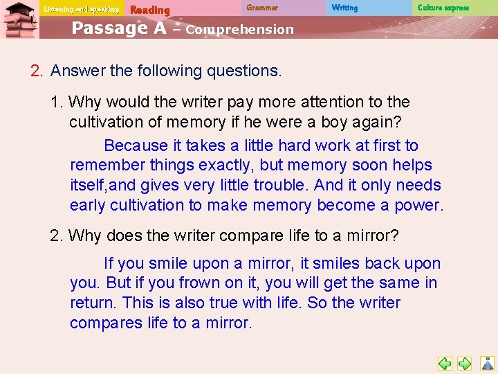 Listening and speaking Reading Passage A Grammar Writing Culture express – Comprehension 2. Answer