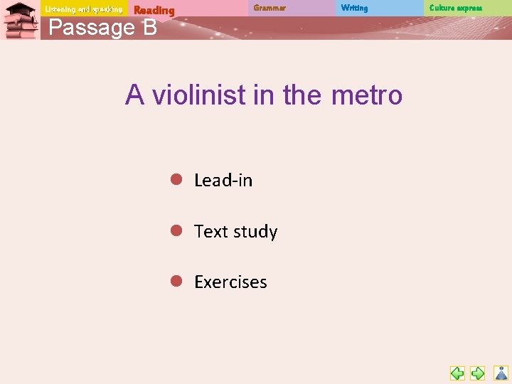 Listening and speaking Reading Grammar Writing Passage B A violinist in the metro l