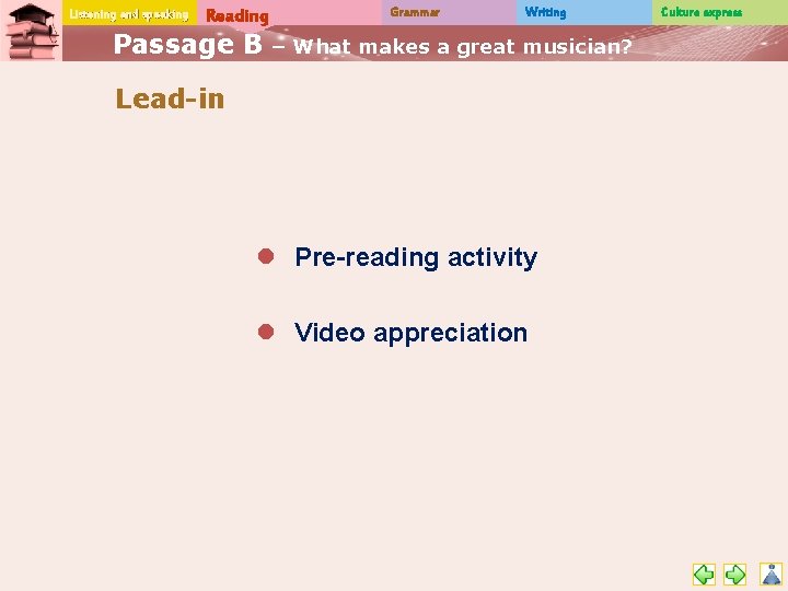 Listening and speaking Reading Passage B Grammar Writing – What makes a great musician?
