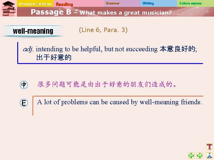 Listening and speaking Reading Passage B well-meaning Grammar Writing Culture express – What makes