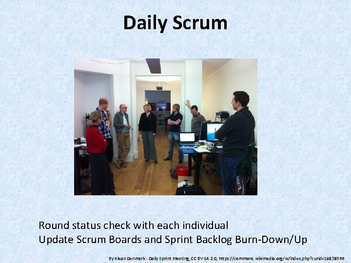 Daily Scrum Round status check with each individual Update Scrum Boards and Sprint Backlog