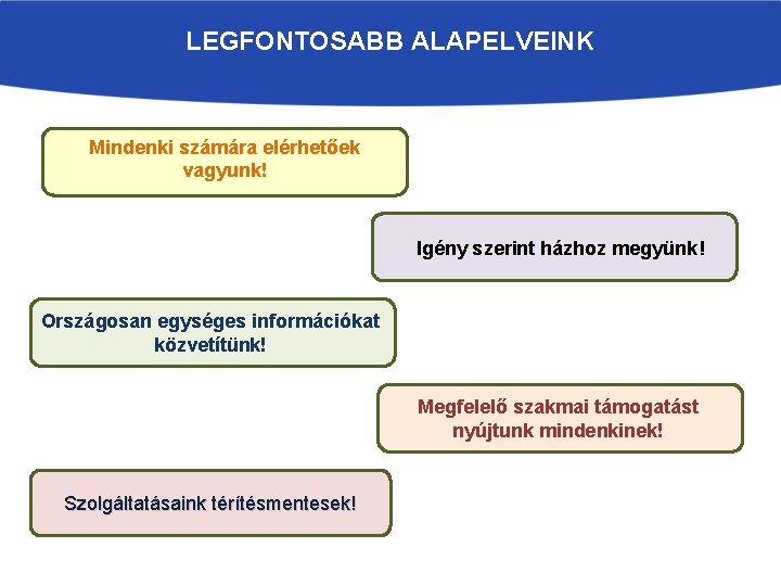 LEGFONTOSABB ALAPELVEINK Mindenki számára elérhetőek vagyunk! Igény szerint házhoz megyünk! Országosan egységes információkat közvetítünk!