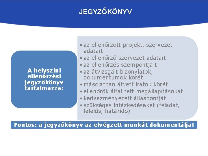 JEGYZŐKÖNYV A helyszíni ellenőrzési jegyzőkönyv tartalmazza: • az ellenőrzött projekt, szervezet adatait • az