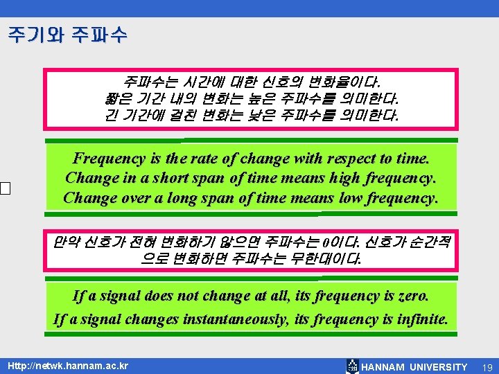 주기와 주파수는 시간에 대한 신호의 변화율이다. 짧은 기간 내의 변화는 높은 주파수를 의미한다. 긴