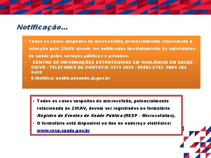 Notificação. . . • Todos os casos suspeitos de microcefalia, potencialmente relacionada à infecção