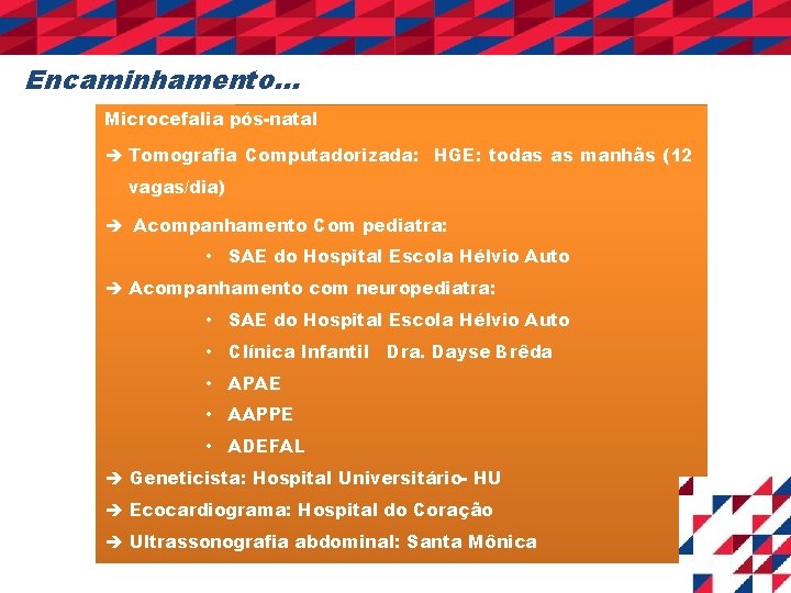 Encaminhamento. . . Microcefalia pós-natal è Tomografia Computadorizada: HGE: todas as manhãs (12 vagas/dia)