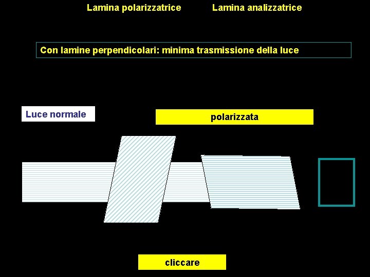 Lamina polarizzatrice Lamina analizzatrice Con lamine perpendicolari: minima trasmissione della luce Luce normale polarizzata