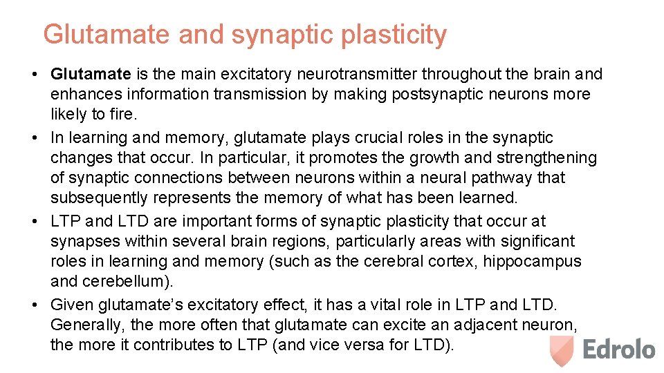 Glutamate and synaptic plasticity • Glutamate is the main excitatory neurotransmitter throughout the brain