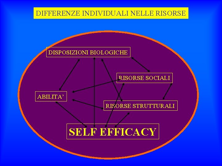 DIFFERENZE INDIVIDUALI NELLE RISORSE DISPOSIZIONI BIOLOGICHE RISORSE SOCIALI ABILITA’ RISORSE STRUTTURALI SELF EFFICACY 