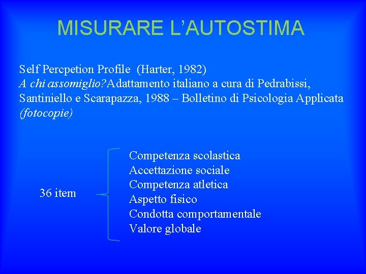 MISURARE L’AUTOSTIMA Self Percpetion Profile (Harter, 1982) A chi assomiglio? Adattamento italiano a cura