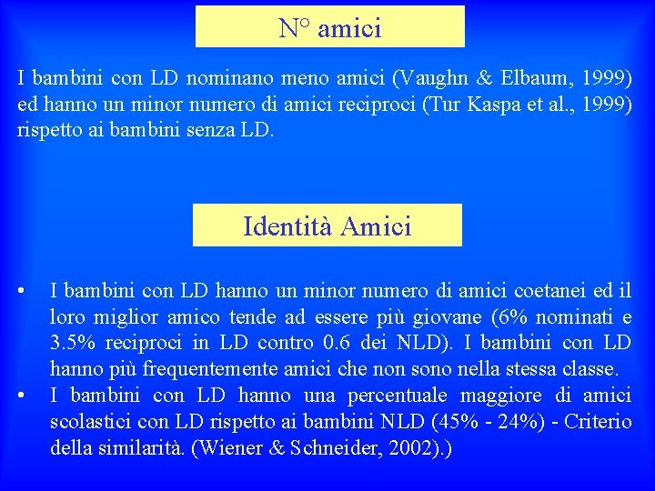 N° amici I bambini con LD nominano meno amici (Vaughn & Elbaum, 1999) ed