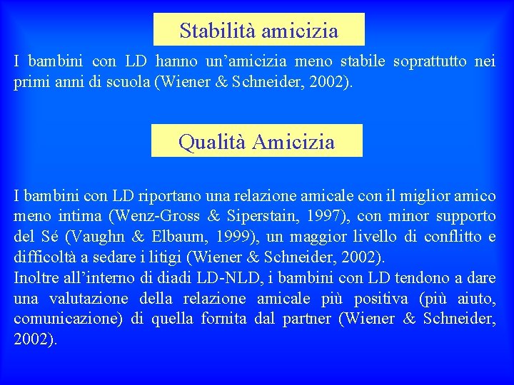 Stabilità amicizia I bambini con LD hanno un’amicizia meno stabile soprattutto nei primi anni