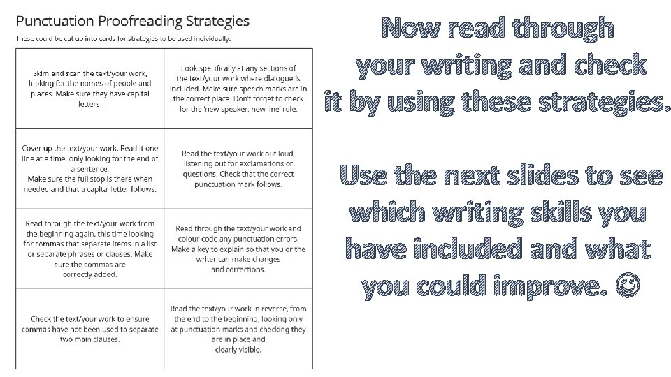 Now read through your writing and check it by using these strategies. Use the