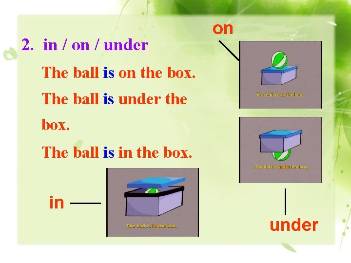 2. in / on / under on The ball is on the box. The