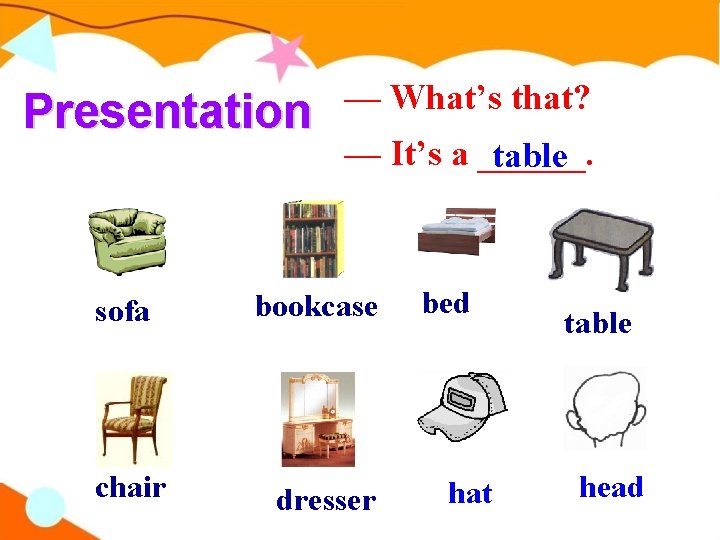 Presentation sofa chair — What’s that? — It’s a ______. table bookcase dresser bed