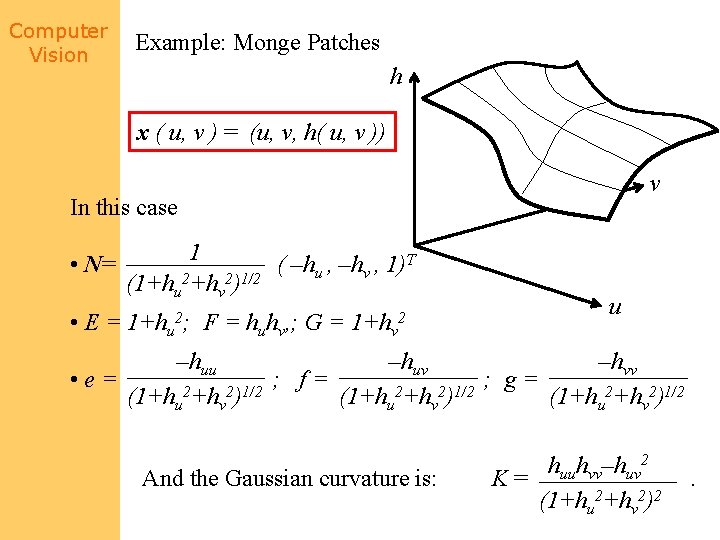 Computer Vision Example: Monge Patches h x ( u, v ) = (u, v,