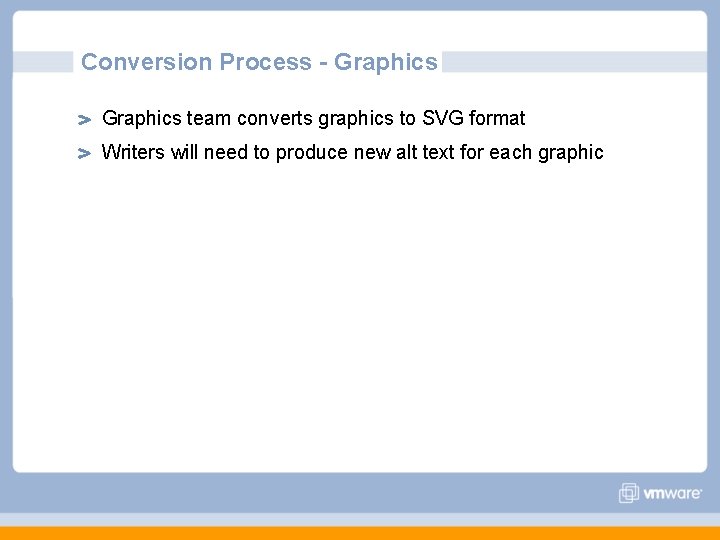 Conversion Process - Graphics team converts graphics to SVG format Writers will need to Conversion Process - Graphics team converts graphics to SVG format Writers will need to
