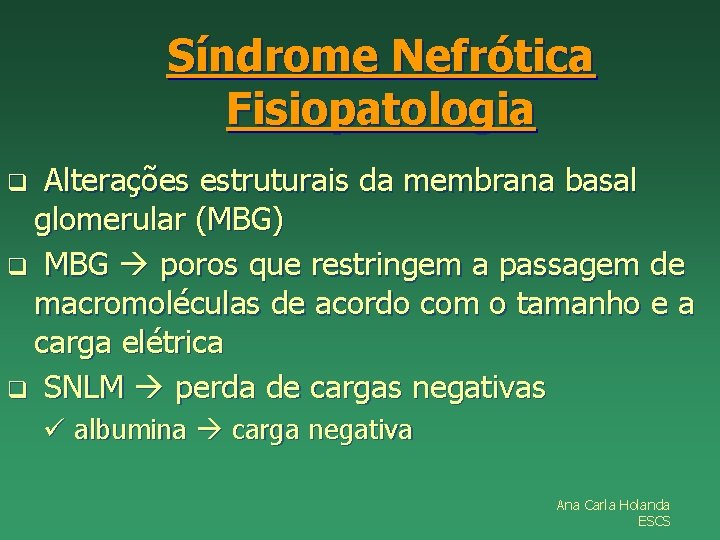 Síndrome Nefrótica Fisiopatologia Alterações estruturais da membrana basal glomerular (MBG) q MBG poros que