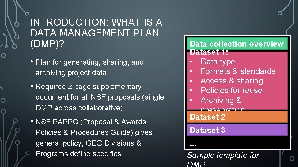 INTRODUCTION: WHAT IS A DATA MANAGEMENT PLAN (DMP)? • Plan for generating, sharing, and