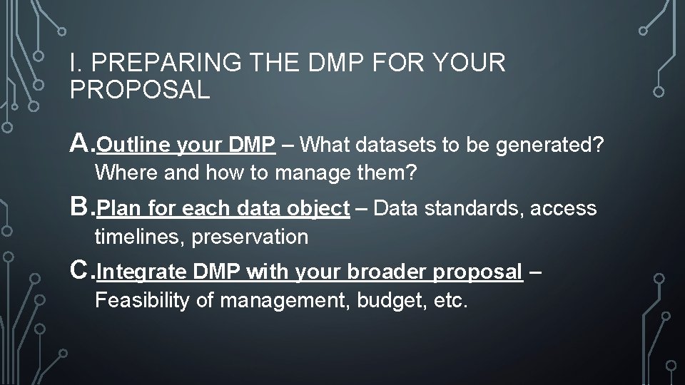 I. PREPARING THE DMP FOR YOUR PROPOSAL A. Outline your DMP – What datasets