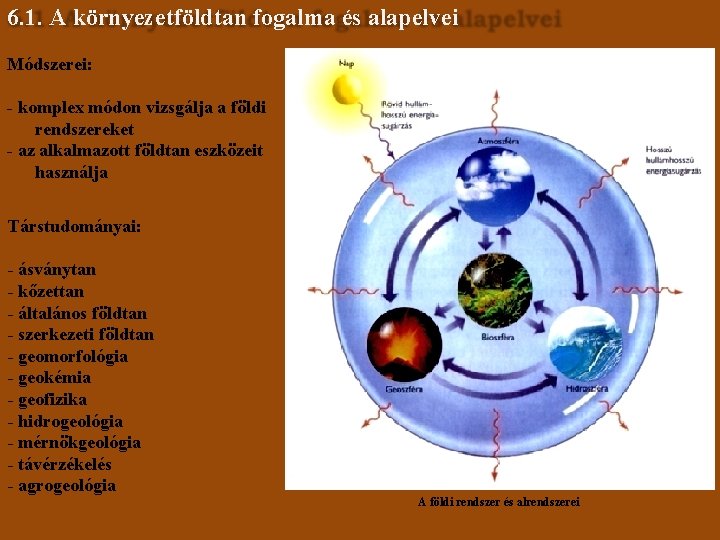 6. 1. A környezetföldtan fogalma és alapelvei Módszerei: - komplex módon vizsgálja a földi