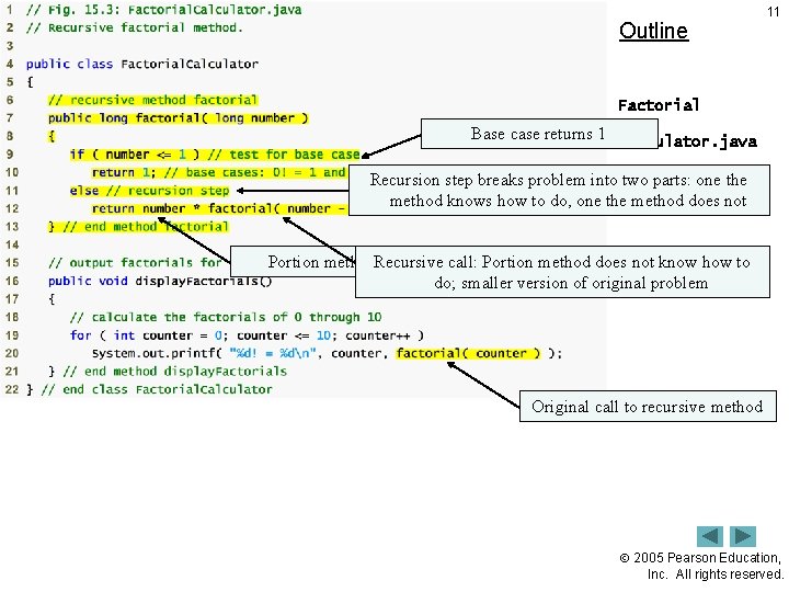 Outline 11 Factorial Base case returns 1 Calculator. java Recursion step breaks problem into