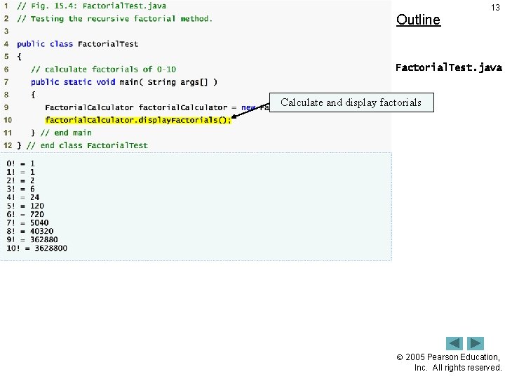 Outline 13 Factorial. Test. java Calculate and display factorials 2005 Pearson Education, Inc. All