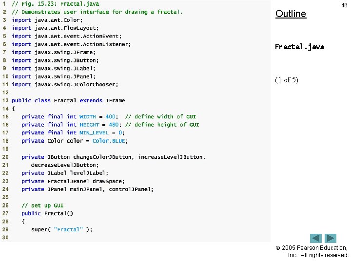 Outline 46 Fractal. java (1 of 5) 2005 Pearson Education, Inc. All rights reserved.