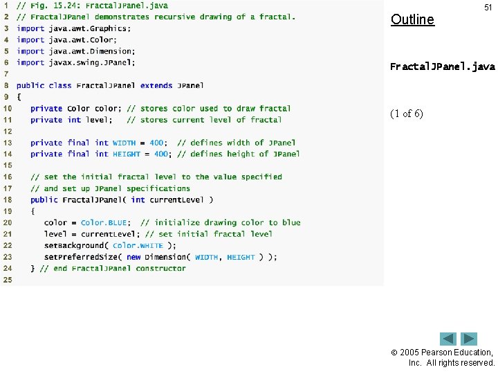 Outline 51 Fractal. JPanel. java (1 of 6) 2005 Pearson Education, Inc. All rights