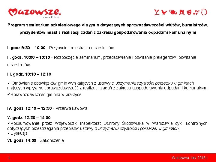 Program seminarium szkoleniowego dla gmin dotyczących sprawozdawczości wójtów, burmistrzów, prezydentów miast z realizacji zadań