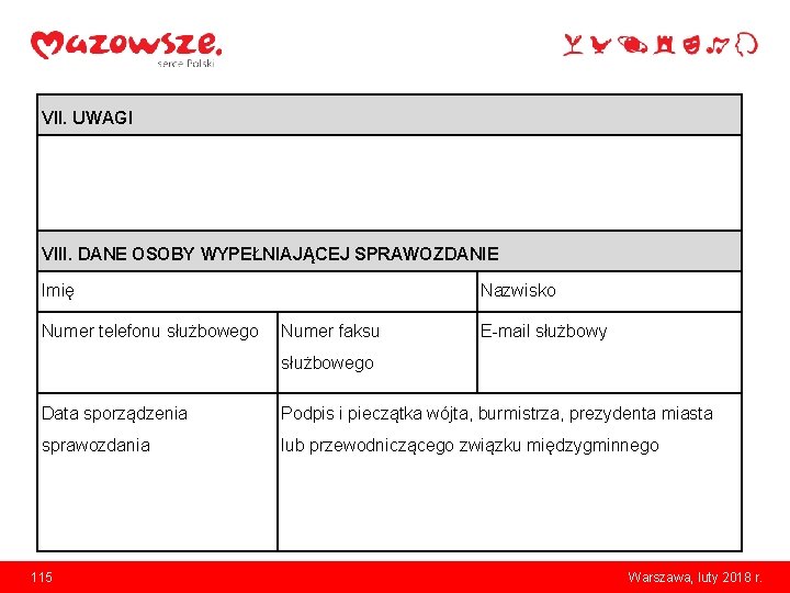 VII. UWAGI VIII. DANE OSOBY WYPEŁNIAJĄCEJ SPRAWOZDANIE Imię Numer telefonu służbowego Nazwisko Numer faksu