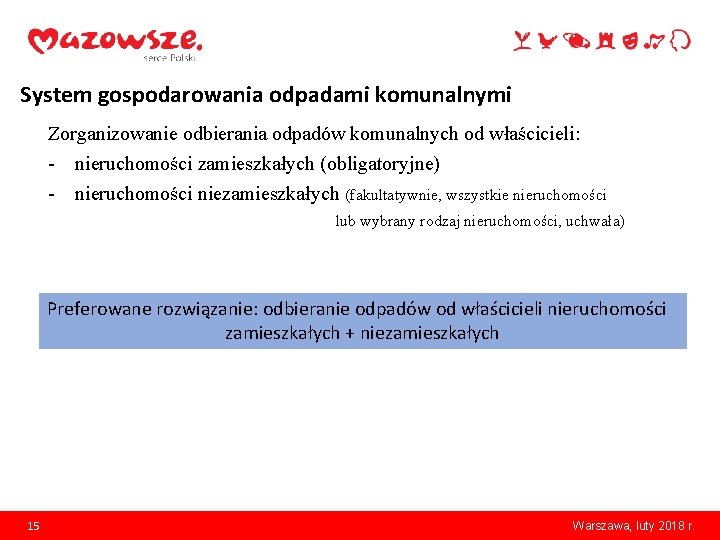 System gospodarowania odpadami komunalnymi Zorganizowanie odbierania odpadów komunalnych od właścicieli: - nieruchomości zamieszkałych (obligatoryjne)