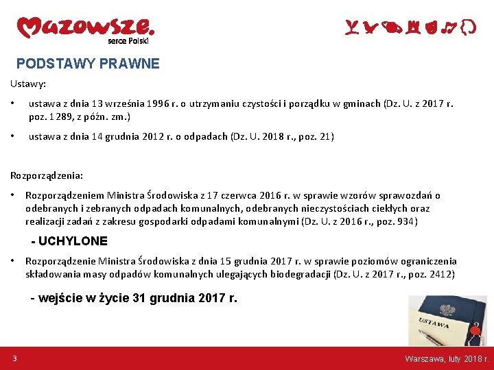 PODSTAWY PRAWNE Ustawy: • ustawa z dnia 13 września 1996 r. o utrzymaniu czystości
