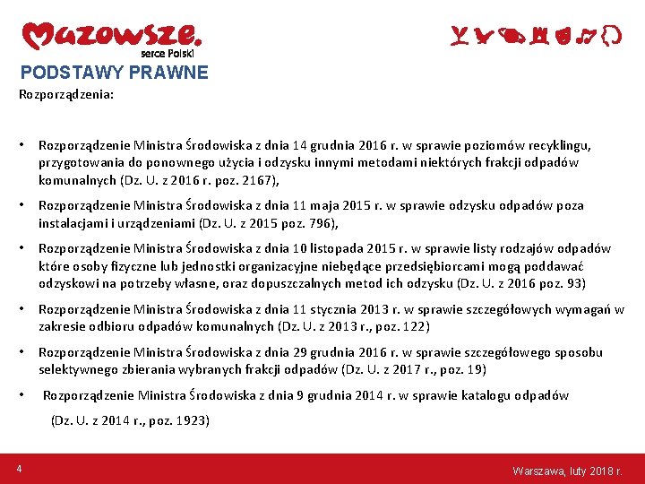 PODSTAWY PRAWNE Rozporządzenia: • Rozporządzenie Ministra Środowiska z dnia 14 grudnia 2016 r. w