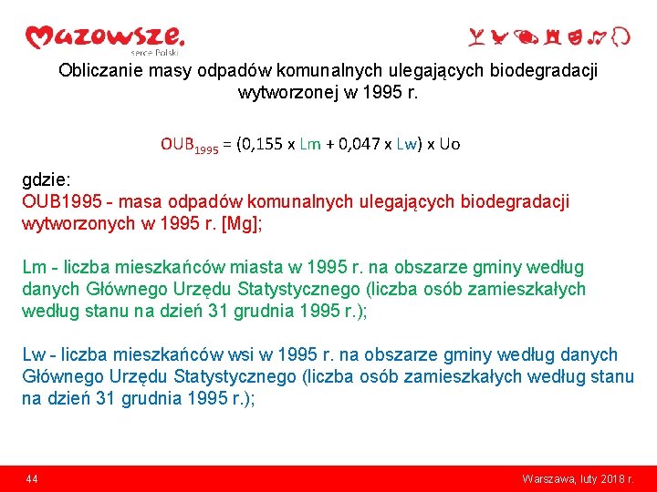 Obliczanie masy odpadów komunalnych ulegających biodegradacji wytworzonej w 1995 r. OUB 1995 = (0,