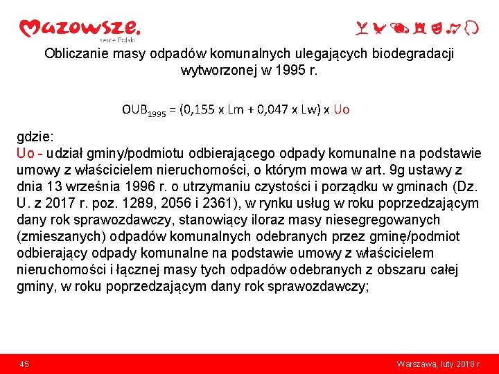 Obliczanie masy odpadów komunalnych ulegających biodegradacji wytworzonej w 1995 r. OUB 1995 = (0,