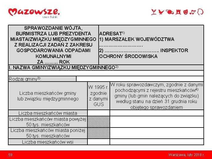 SPRAWOZDANIE WÓJTA, BURMISTRZA LUB PREZYDENTA ADRESAT 1) MIASTA/ZWIĄZKU MIĘDZYGMINNEGO 1) MARSZAŁEK WOJEWÓDZTWA Z REALIZACJI
