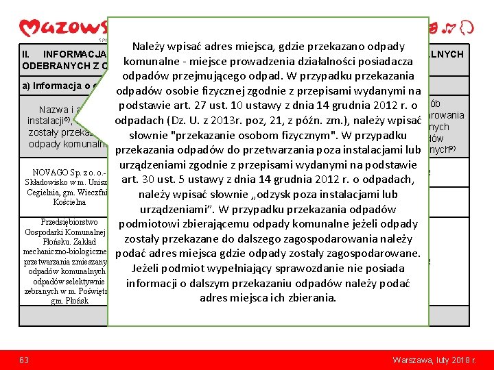 Należy wpisać adres miejsca, gdzie przekazano odpady II. INFORMACJA O POSZCZEGÓLNYCH RODZAJACH ODPADÓW KOMUNALNYCH