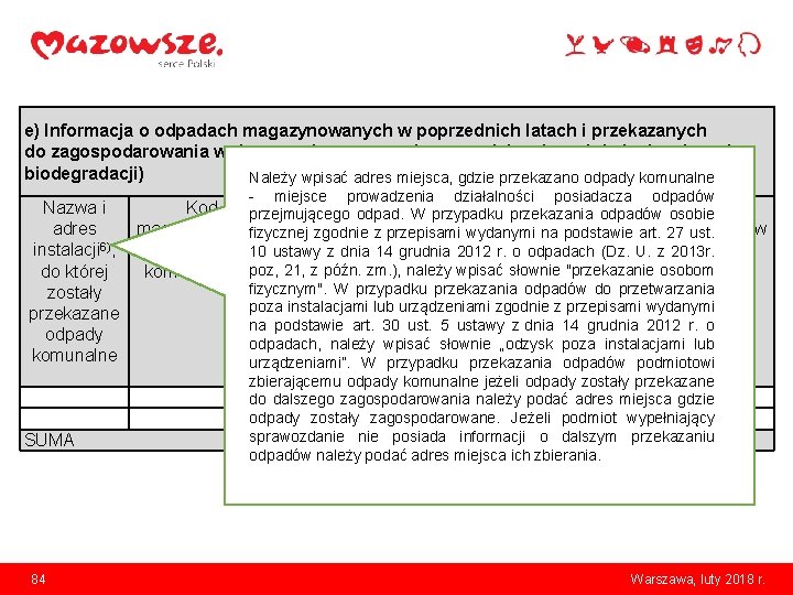 e) Informacja o odpadach magazynowanych w poprzednich latach i przekazanych do zagospodarowania w danym
