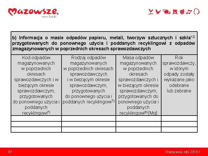 b) Informacja o masie odpadów papieru, metali, tworzyw sztucznych i szkła 12) przygotowanych do