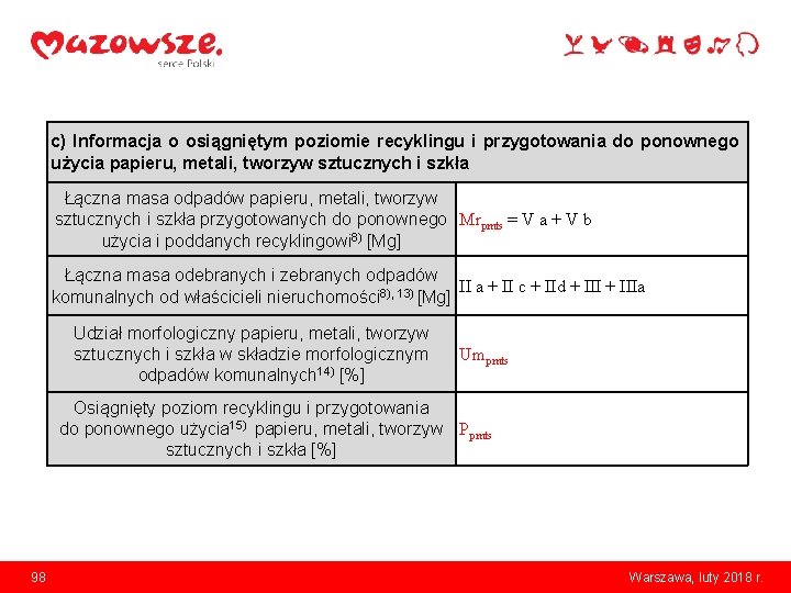 c) Informacja o osiągniętym poziomie recyklingu i przygotowania do ponownego użycia papieru, metali, tworzyw