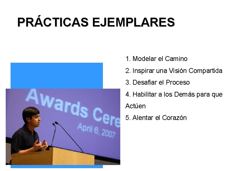 PRÁCTICAS EJEMPLARES 1. Modelar el Camino 2. Inspirar una Visión Compartida 3. Desafiar el