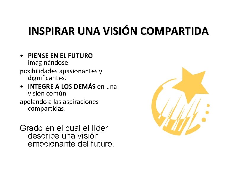 INSPIRAR UNA VISIÓN COMPARTIDA • PIENSE EN EL FUTURO imaginándose posibilidades apasionantes y dignificantes.